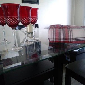 4 holiday crystal glasses and tablecloth